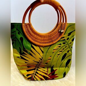 Fossil Forever Vintage Rare Canvas Tropical Foliage Wicker HandleShoulder Bag
